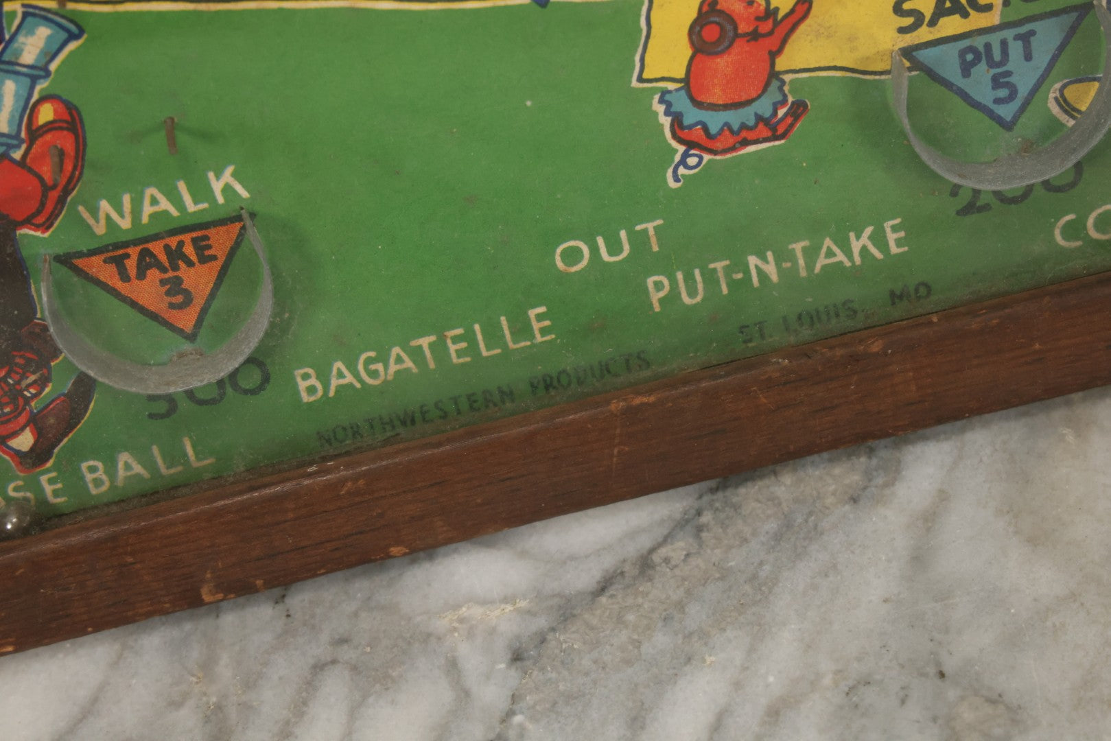 Lot 041 - Vintage Tabletop Baseball Pinball Game "Poosh-M-Up Jr. 4-In-1" With Clowns Playing Baseball, By Northwestern Products, St. Louis, Missouri, Made In Usa, 11-1/4" x 17-1/4"