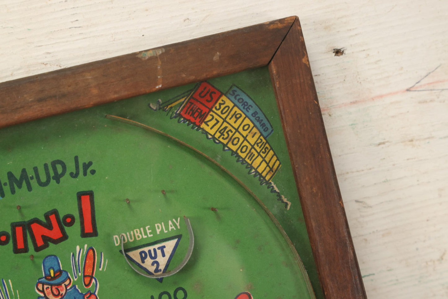 Lot 041 - Vintage Tabletop Baseball Pinball Game "Poosh-M-Up Jr. 4-In-1" With Clowns Playing Baseball, By Northwestern Products, St. Louis, Missouri, Made In Usa, 11-1/4" x 17-1/4"