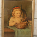 Lot 042 - Antique Chromolithograph Of Little Girl Sharing Soup With Kitten, In Gold Painted Frame, 13-5/8" x 17-5/8"