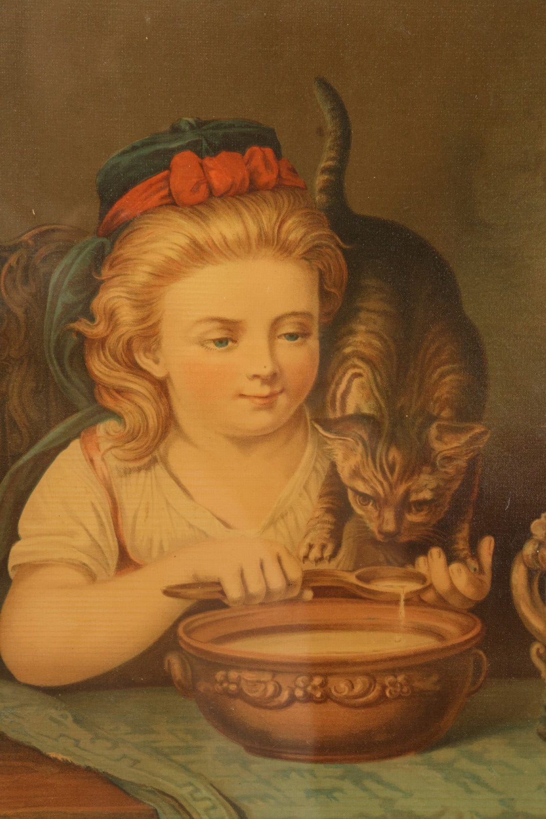 Lot 042 - Antique Chromolithograph Of Little Girl Sharing Soup With Kitten, In Gold Painted Frame, 13-5/8" x 17-5/8"