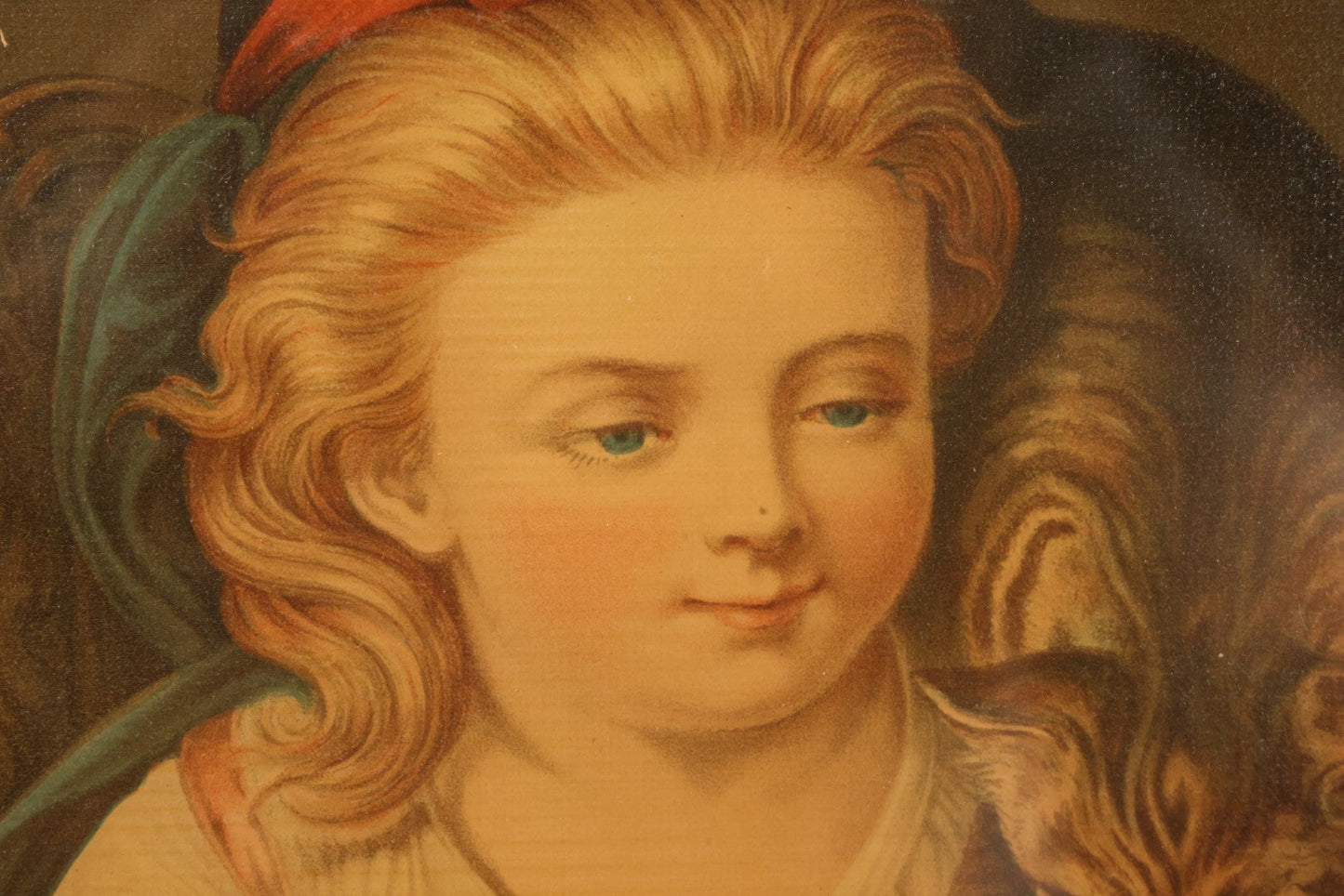 Lot 042 - Antique Chromolithograph Of Little Girl Sharing Soup With Kitten, In Gold Painted Frame, 13-5/8" x 17-5/8"