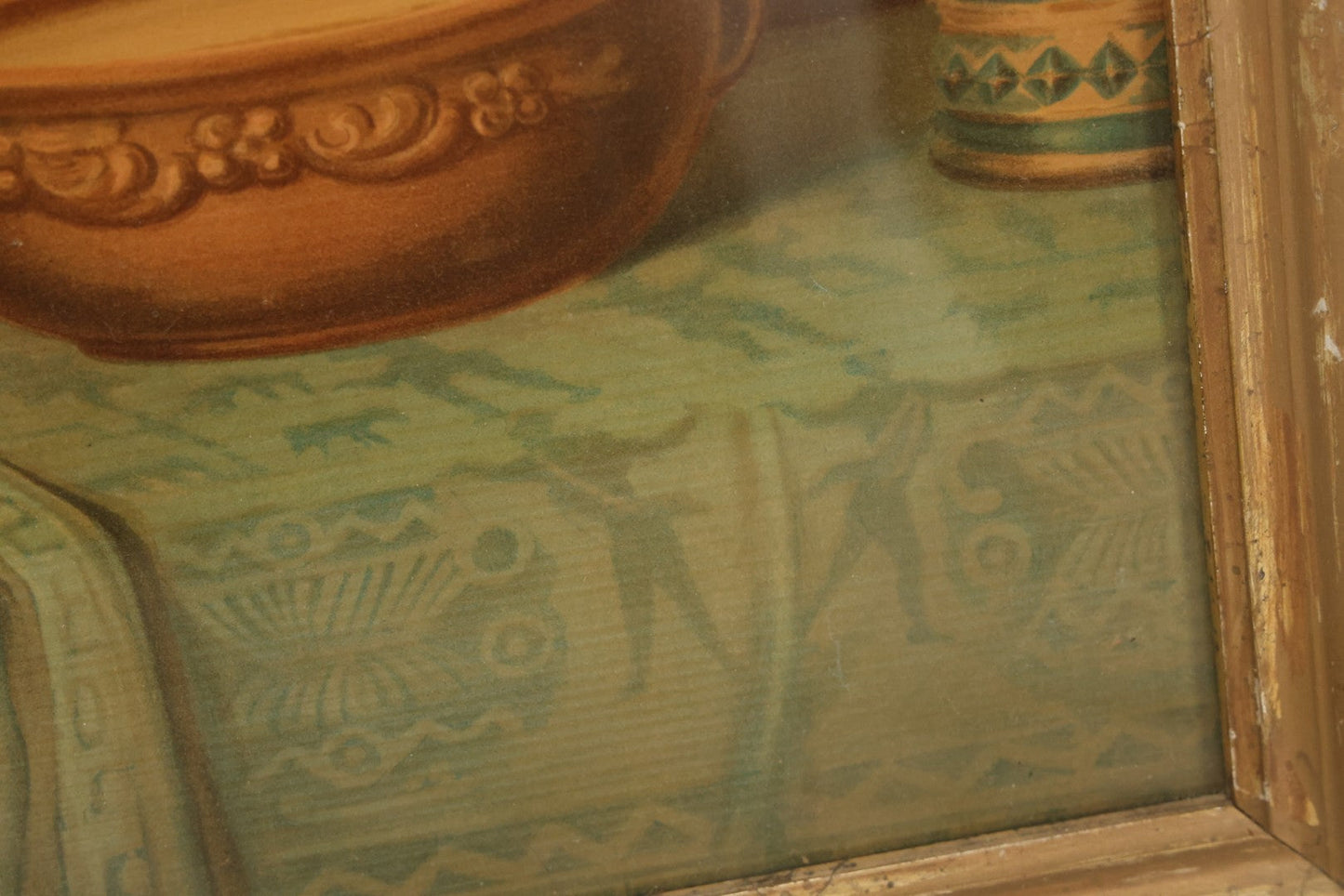 Lot 042 - Antique Chromolithograph Of Little Girl Sharing Soup With Kitten, In Gold Painted Frame, 13-5/8" x 17-5/8"