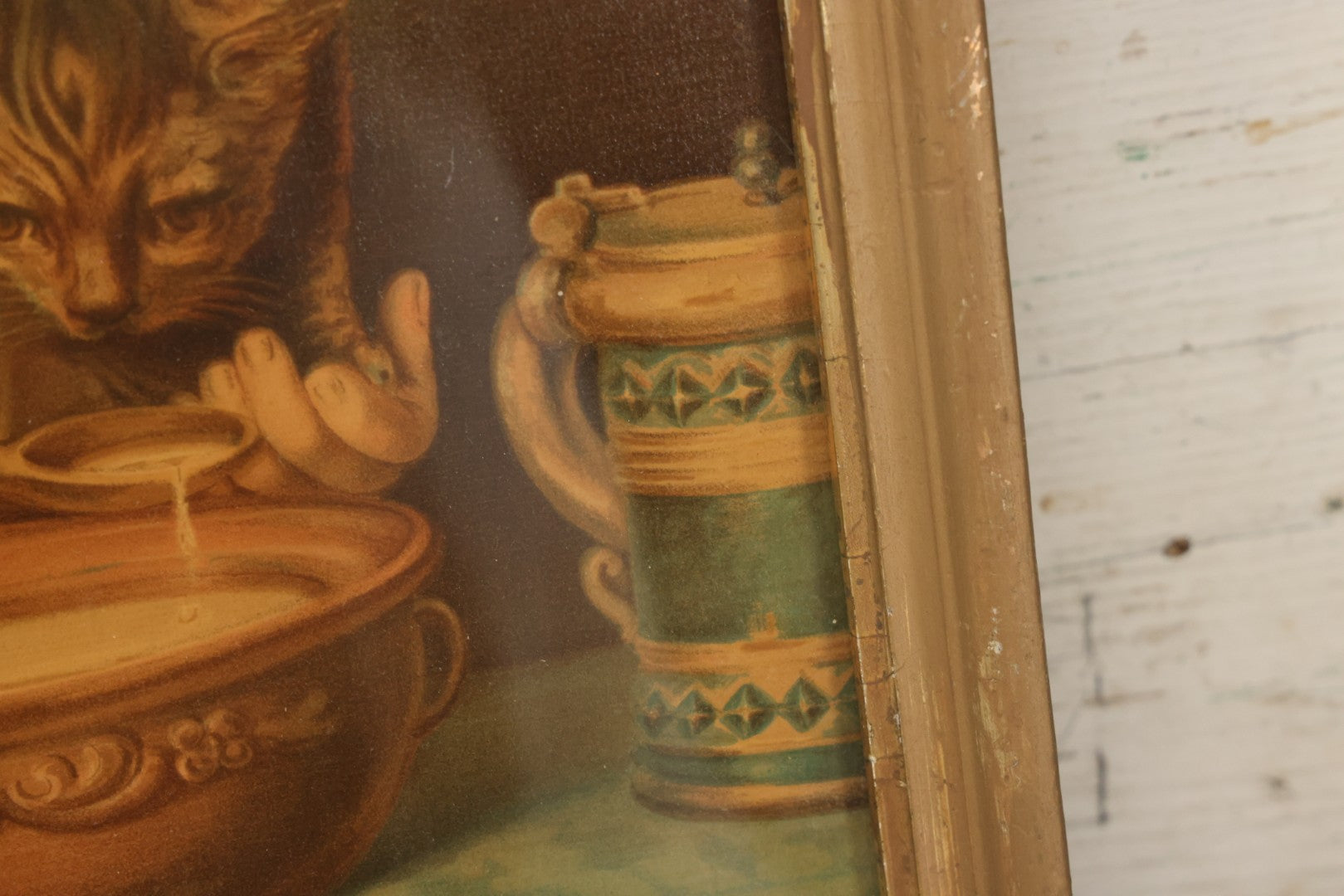 Lot 042 - Antique Chromolithograph Of Little Girl Sharing Soup With Kitten, In Gold Painted Frame, 13-5/8" x 17-5/8"