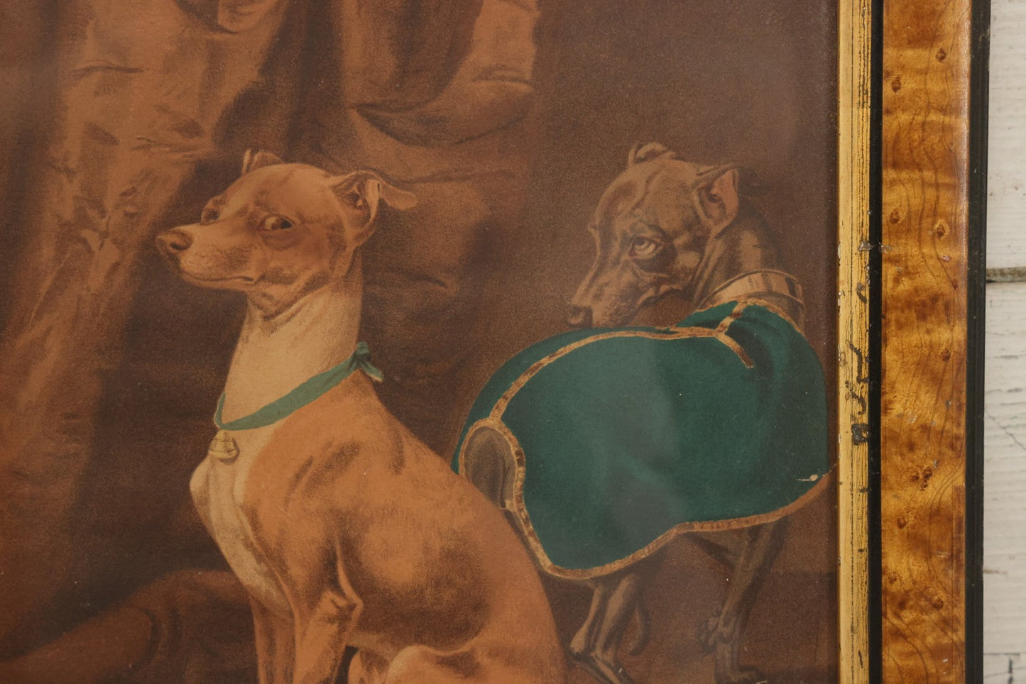 Lot 043 - Antique Chromolithograph Print Of Two Italian Greyhound Dogs With Suspicious Expressions, In Frame, 12" x 14"
