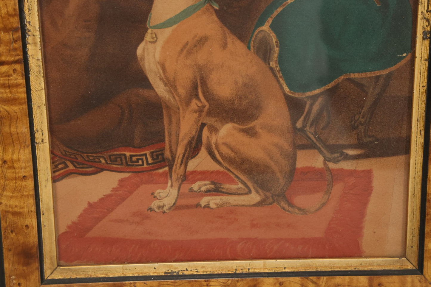 Lot 043 - Antique Chromolithograph Print Of Two Italian Greyhound Dogs With Suspicious Expressions, In Frame, 12" x 14"