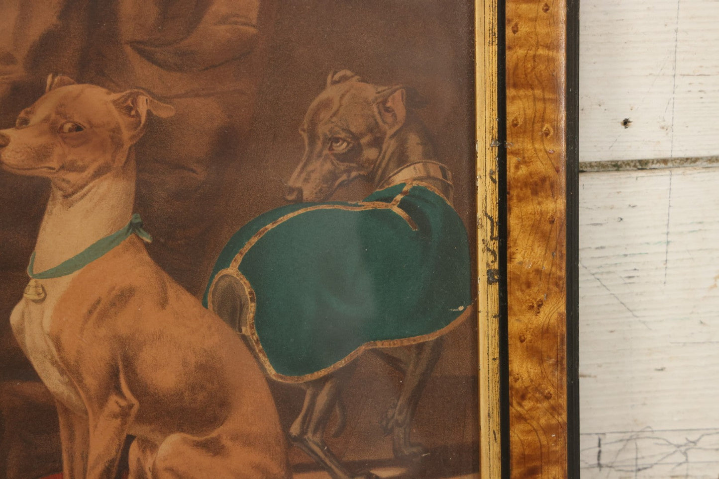 Lot 043 - Antique Chromolithograph Print Of Two Italian Greyhound Dogs With Suspicious Expressions, In Frame, 12" x 14"