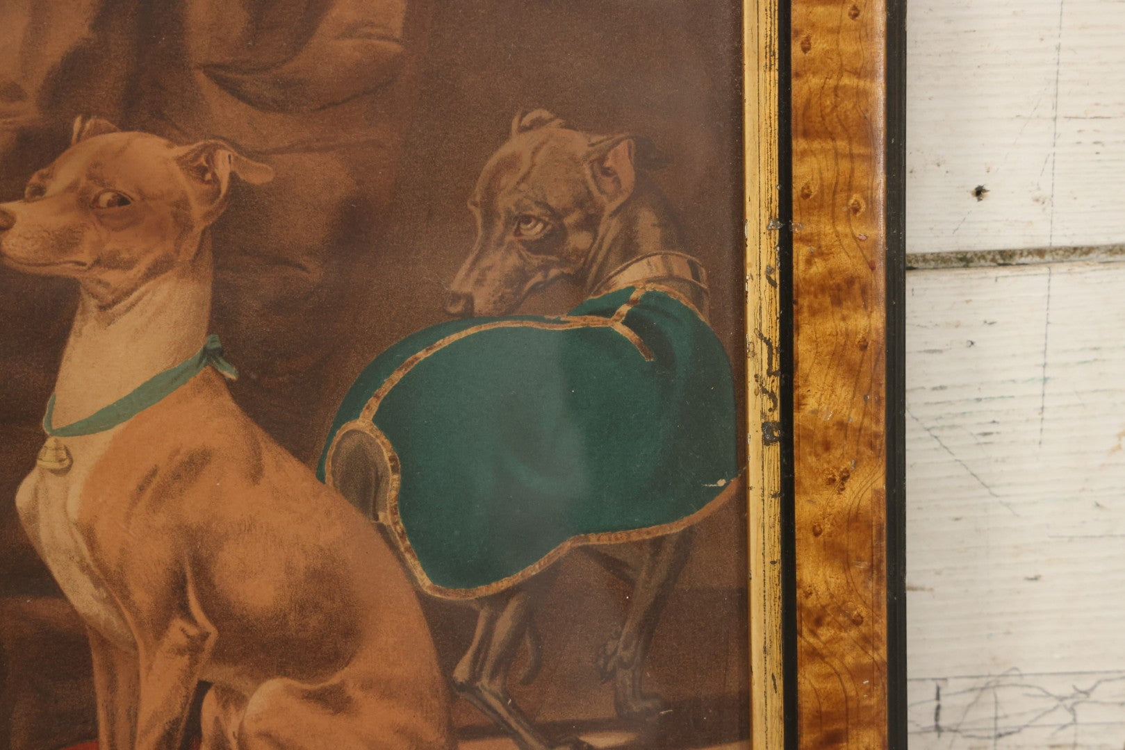 Lot 043 - Antique Chromolithograph Print Of Two Italian Greyhound Dogs With Suspicious Expressions, In Frame, 12" x 14"