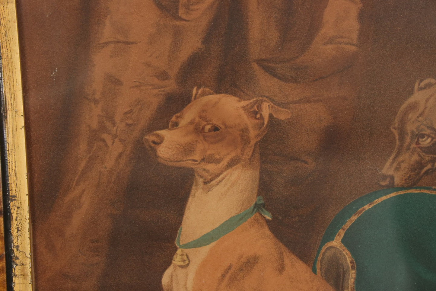 Lot 043 - Antique Chromolithograph Print Of Two Italian Greyhound Dogs With Suspicious Expressions, In Frame, 12" x 14"