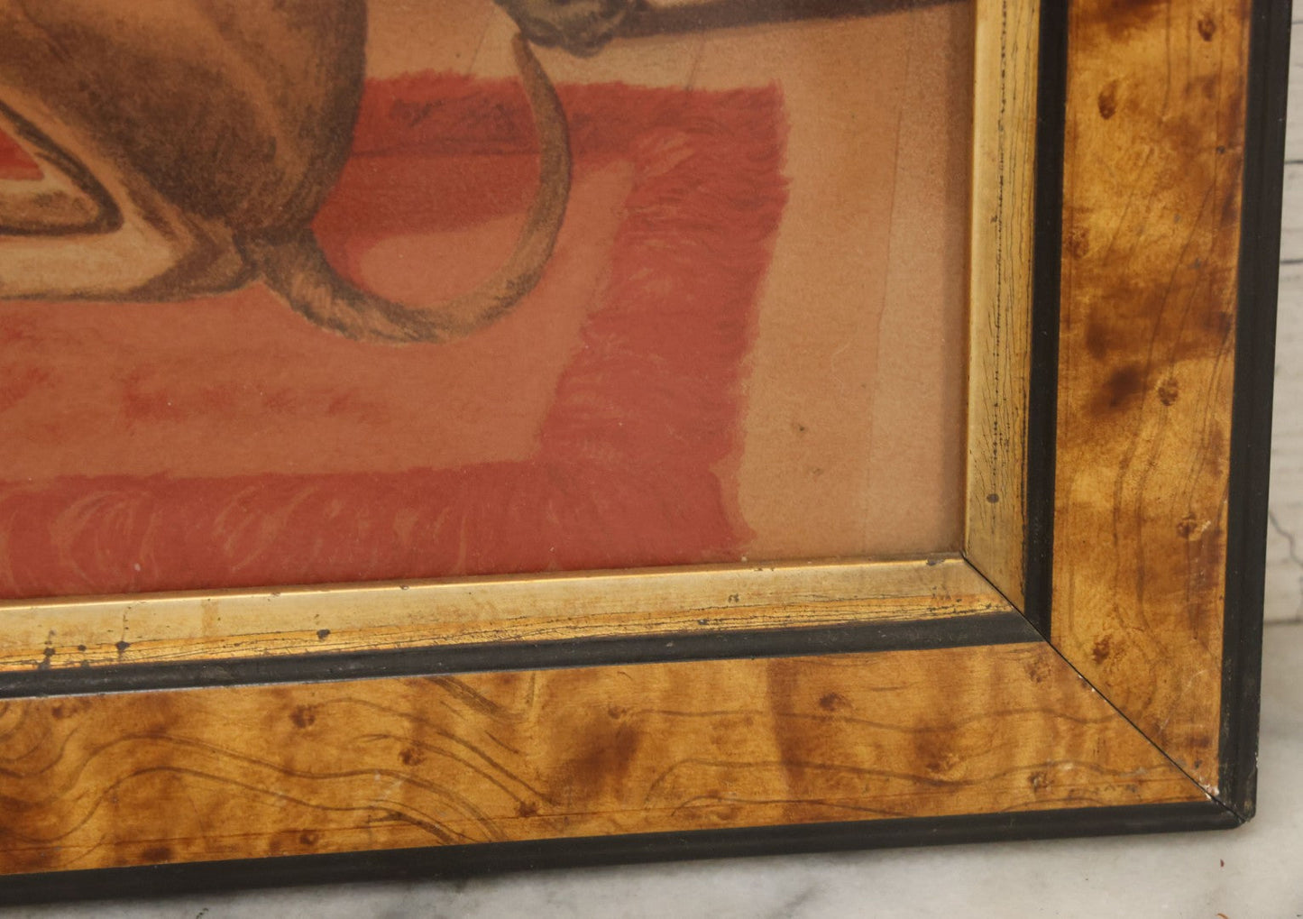 Lot 043 - Antique Chromolithograph Print Of Two Italian Greyhound Dogs With Suspicious Expressions, In Frame, 12" x 14"