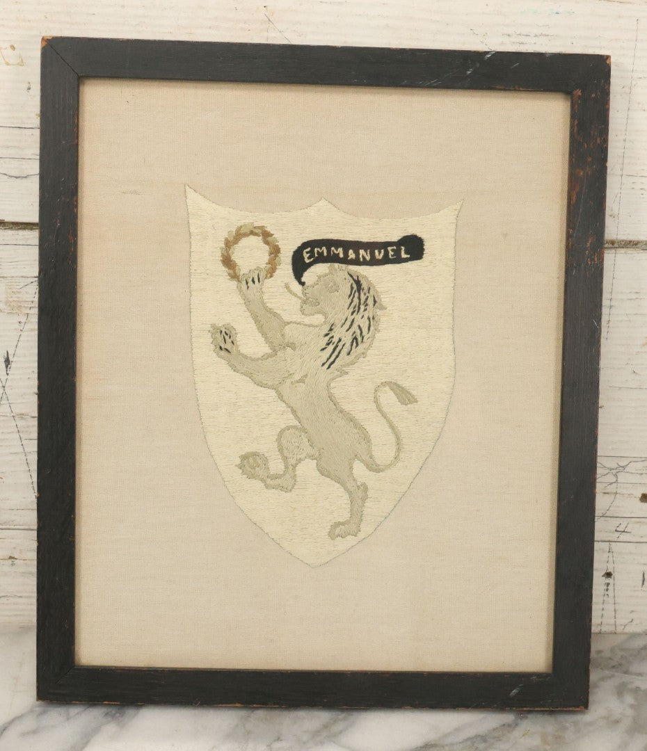 Lot 044 - Antique Embroidered Veritas And Emmanuel Coat Of Arms With Lion, Made In Leipzig Dresden Germany, 1898, Makers Name On Note On Verso, In Frame, 10-5/8" x 12-5/8"