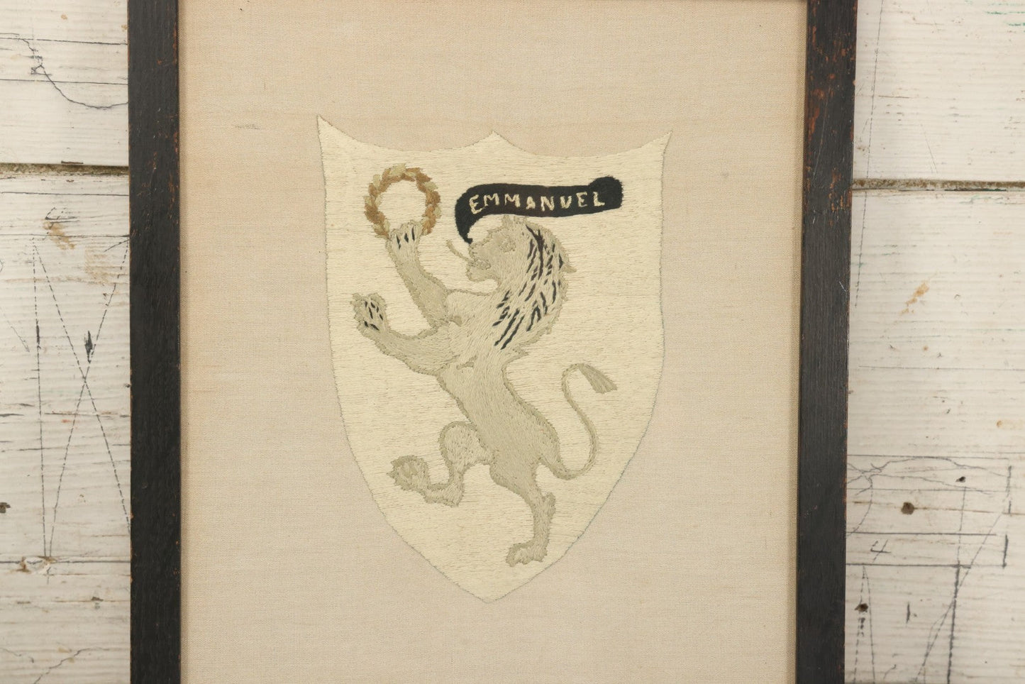 Lot 044 - Antique Embroidered Veritas And Emmanuel Coat Of Arms With Lion, Made In Leipzig Dresden Germany, 1898, Makers Name On Note On Verso, In Frame, 10-5/8" x 12-5/8"