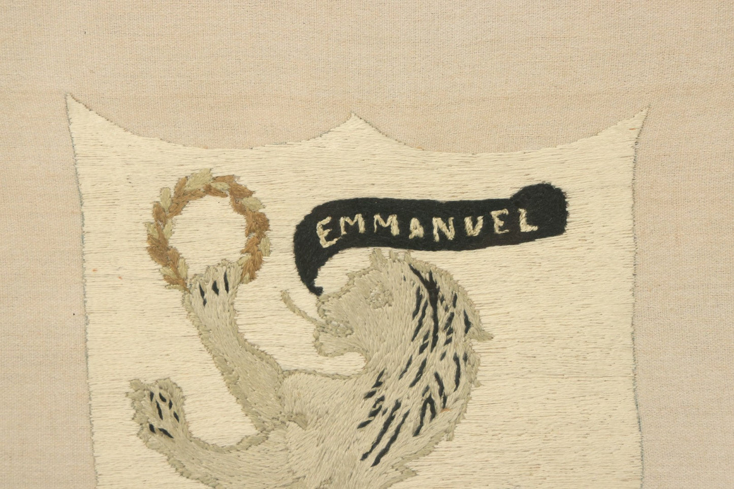 Lot 044 - Antique Embroidered Veritas And Emmanuel Coat Of Arms With Lion, Made In Leipzig Dresden Germany, 1898, Makers Name On Note On Verso, In Frame, 10-5/8" x 12-5/8"