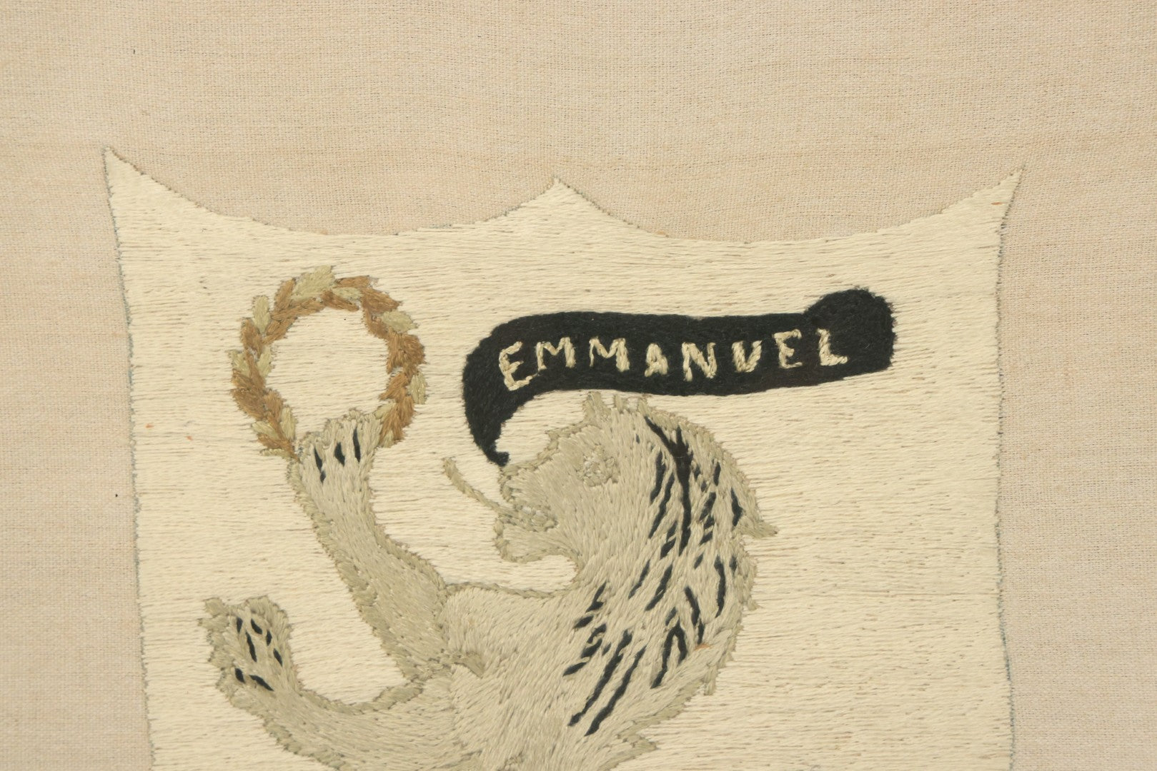 Lot 044 - Antique Embroidered Veritas And Emmanuel Coat Of Arms With Lion, Made In Leipzig Dresden Germany, 1898, Makers Name On Note On Verso, In Frame, 10-5/8" x 12-5/8"