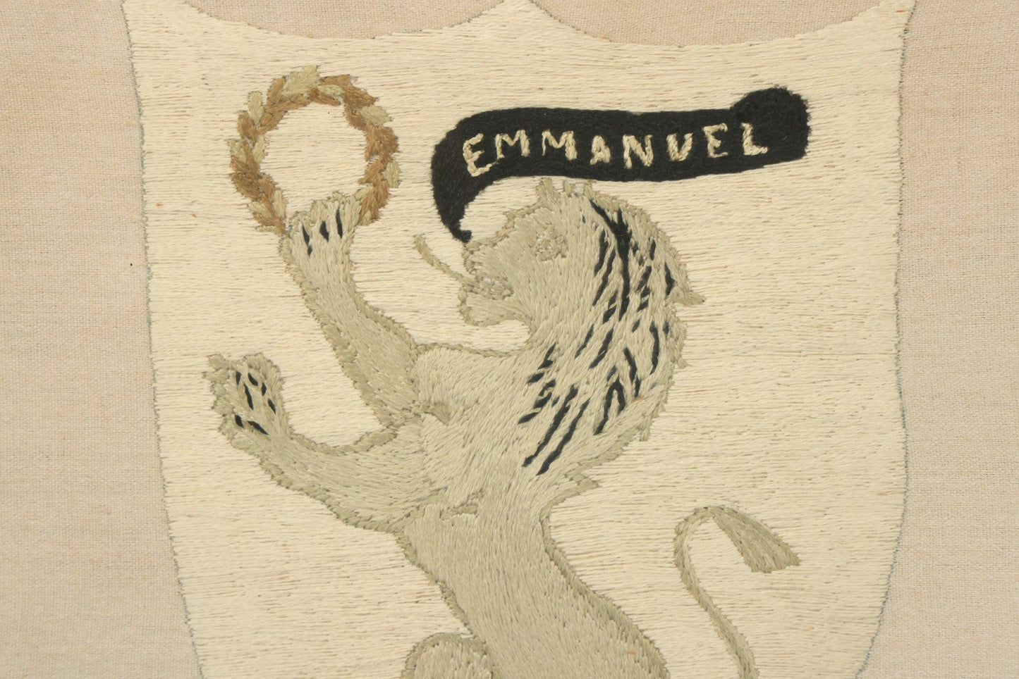 Lot 044 - Antique Embroidered Veritas And Emmanuel Coat Of Arms With Lion, Made In Leipzig Dresden Germany, 1898, Makers Name On Note On Verso, In Frame, 10-5/8" x 12-5/8"