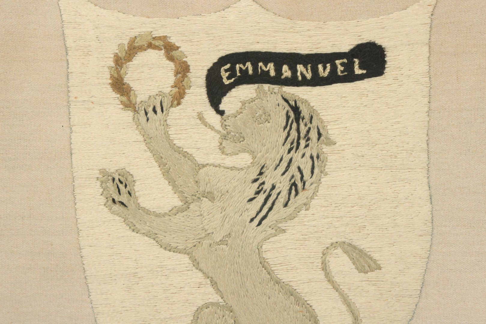 Lot 044 - Antique Embroidered Veritas And Emmanuel Coat Of Arms With Lion, Made In Leipzig Dresden Germany, 1898, Makers Name On Note On Verso, In Frame, 10-5/8" x 12-5/8"