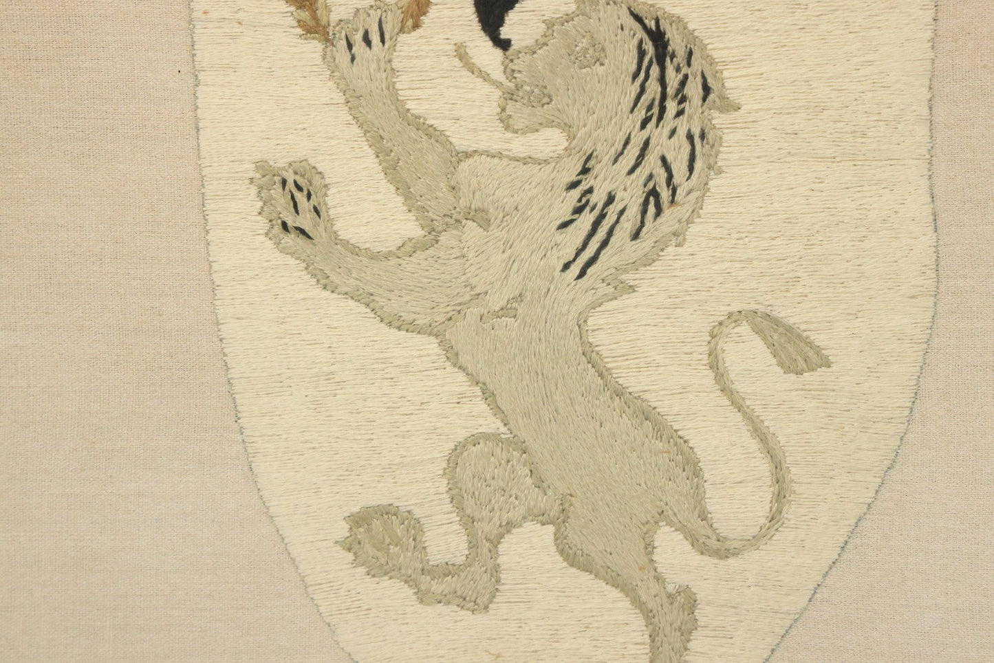 Lot 044 - Antique Embroidered Veritas And Emmanuel Coat Of Arms With Lion, Made In Leipzig Dresden Germany, 1898, Makers Name On Note On Verso, In Frame, 10-5/8" x 12-5/8"