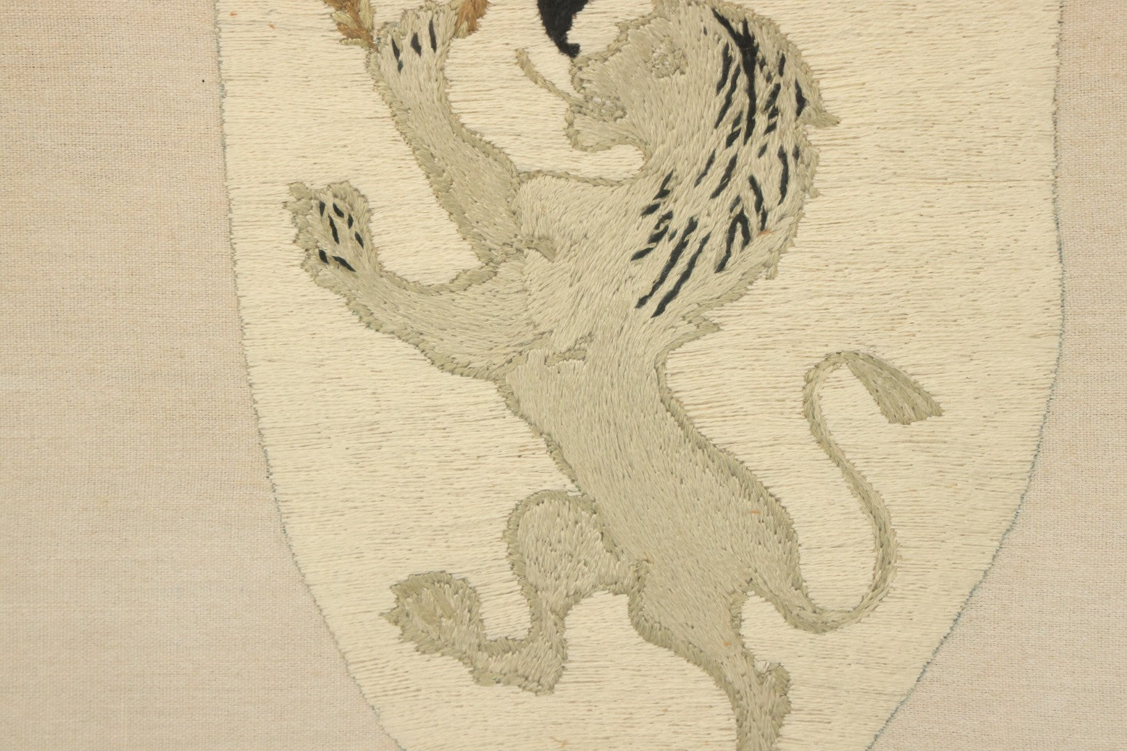 Lot 044 - Antique Embroidered Veritas And Emmanuel Coat Of Arms With Lion, Made In Leipzig Dresden Germany, 1898, Makers Name On Note On Verso, In Frame, 10-5/8" x 12-5/8"