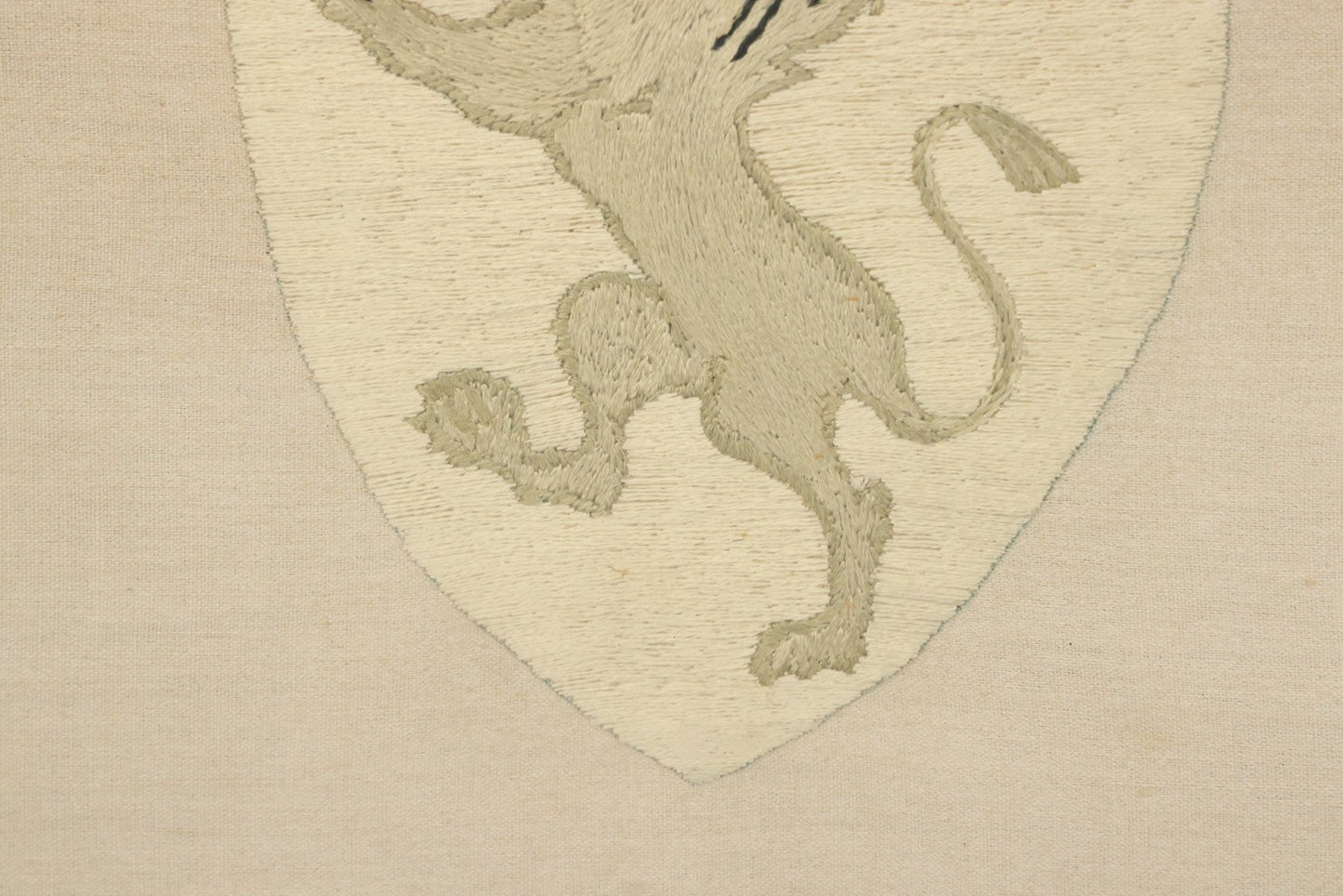 Lot 044 - Antique Embroidered Veritas And Emmanuel Coat Of Arms With Lion, Made In Leipzig Dresden Germany, 1898, Makers Name On Note On Verso, In Frame, 10-5/8" x 12-5/8"