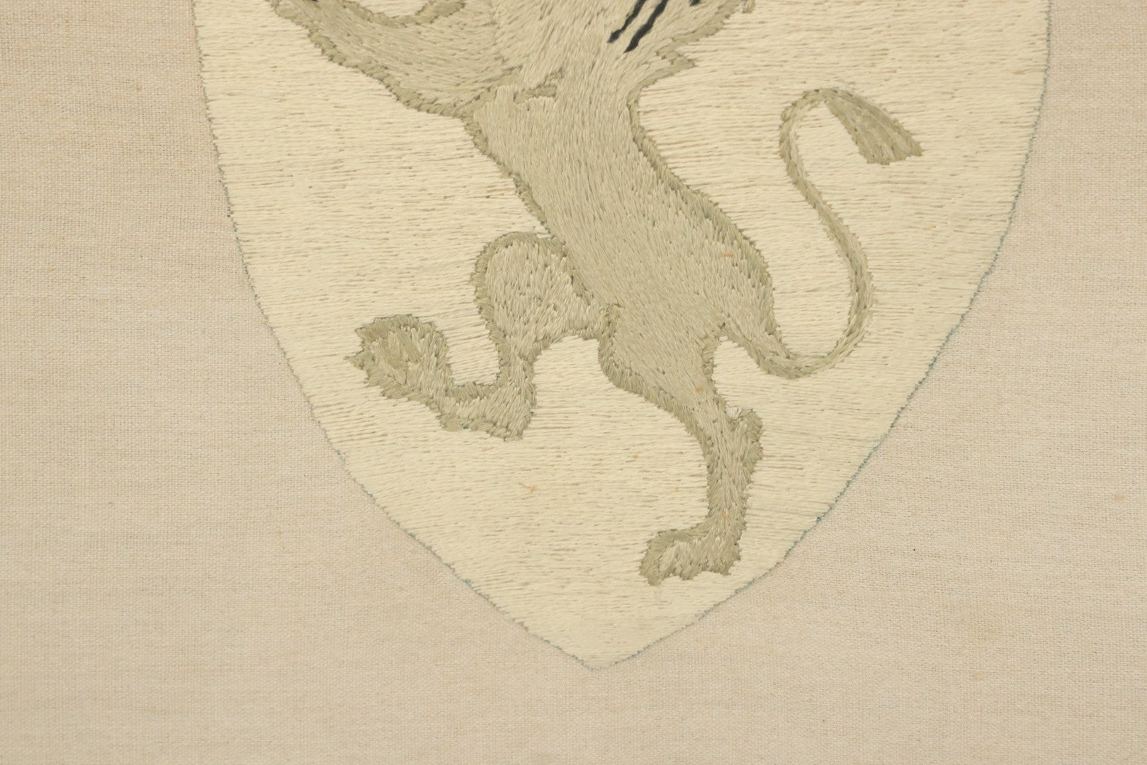 Lot 044 - Antique Embroidered Veritas And Emmanuel Coat Of Arms With Lion, Made In Leipzig Dresden Germany, 1898, Makers Name On Note On Verso, In Frame, 10-5/8" x 12-5/8"