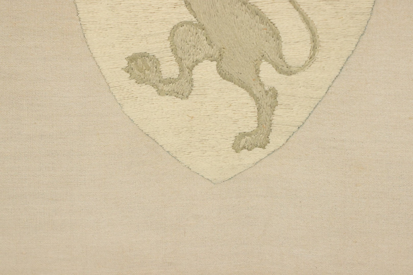 Lot 044 - Antique Embroidered Veritas And Emmanuel Coat Of Arms With Lion, Made In Leipzig Dresden Germany, 1898, Makers Name On Note On Verso, In Frame, 10-5/8" x 12-5/8"