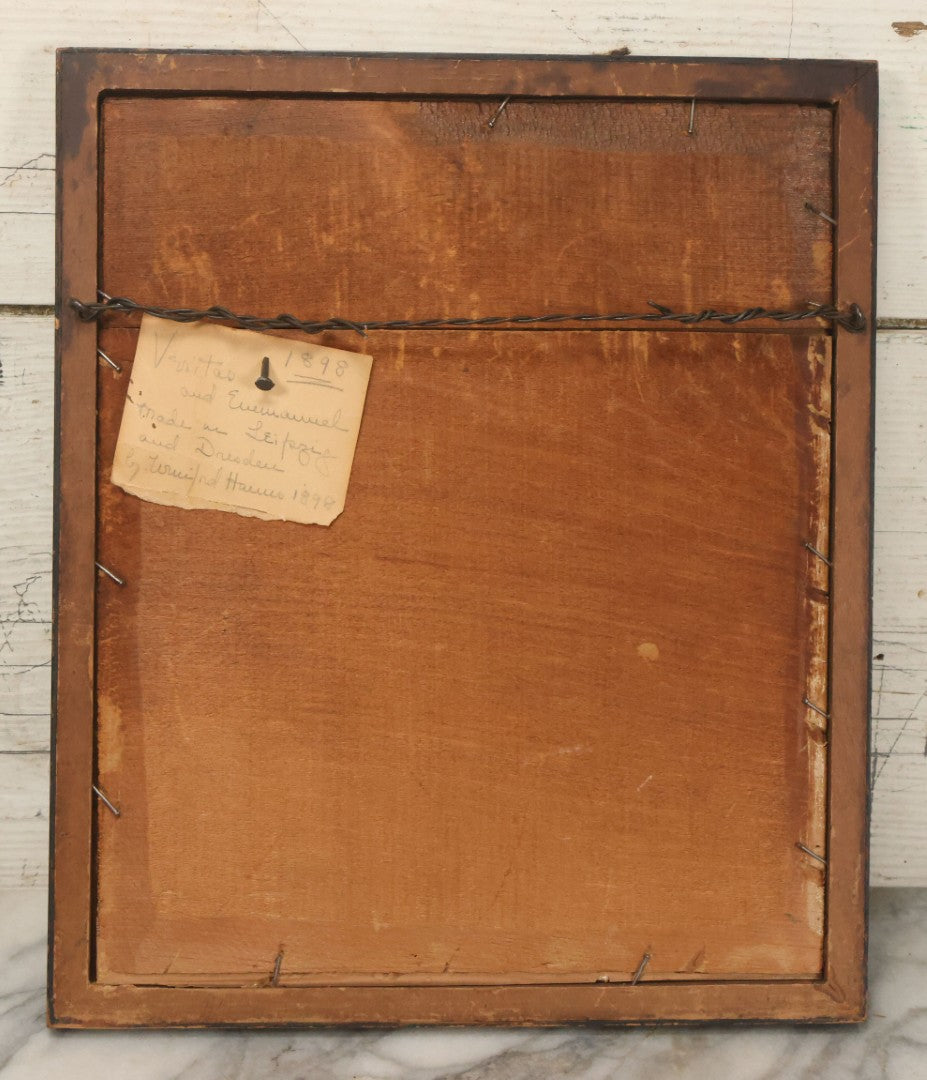 Lot 044 - Antique Embroidered Veritas And Emmanuel Coat Of Arms With Lion, Made In Leipzig Dresden Germany, 1898, Makers Name On Note On Verso, In Frame, 10-5/8" x 12-5/8"