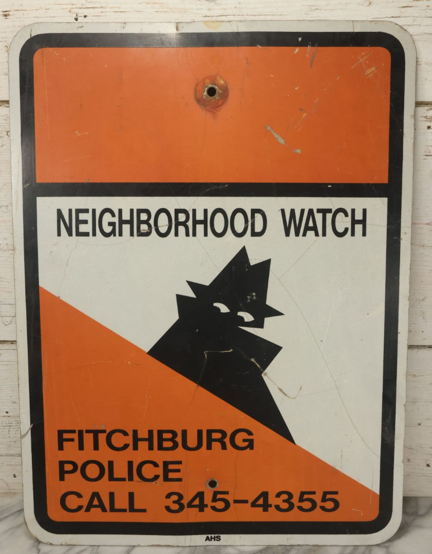 Lot 046 - Vintage Neighborhood Crime Watch Fitchburg Police Road Sign With Boris The Burglar Character, Metal Sign, 18" x 24"