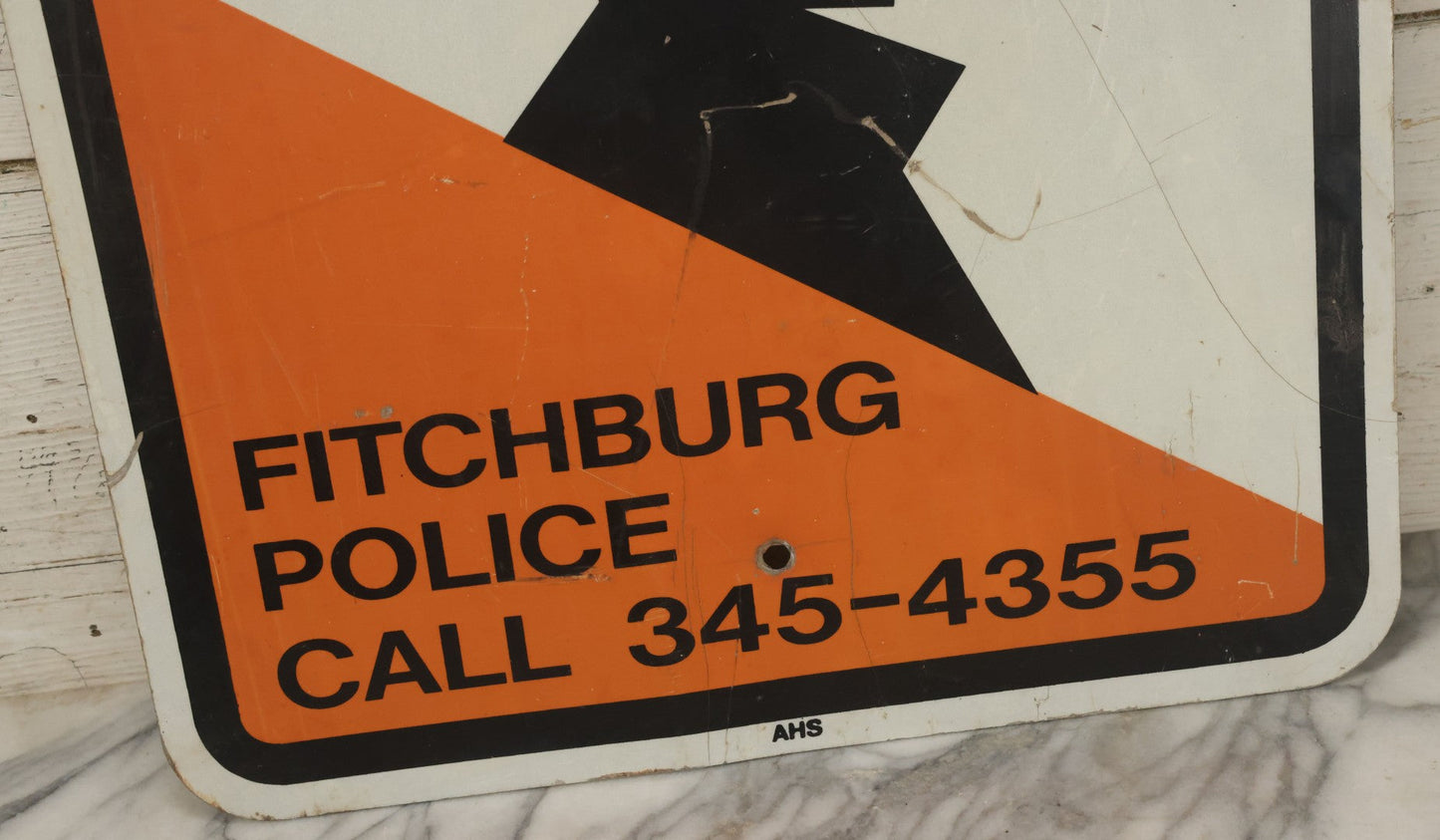 Lot 046 - Vintage Neighborhood Crime Watch Fitchburg Police Road Sign With Boris The Burglar Character, Metal Sign, 18" x 24"