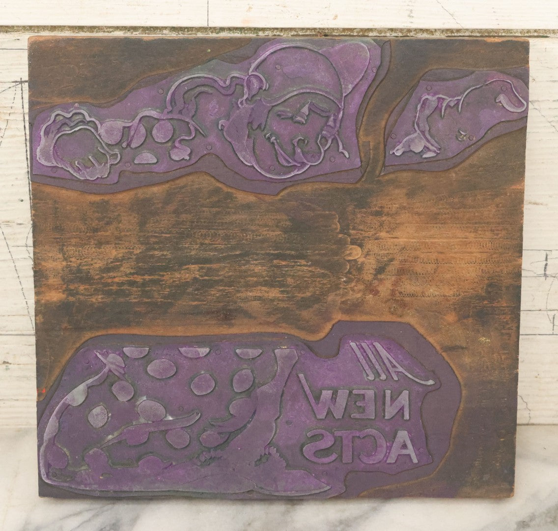 Lot 047 - Vintage Circus Poster Print Block Stamp With Clown "All New Acts", With Sawtooth Hanger, 9" x 8-1/2"