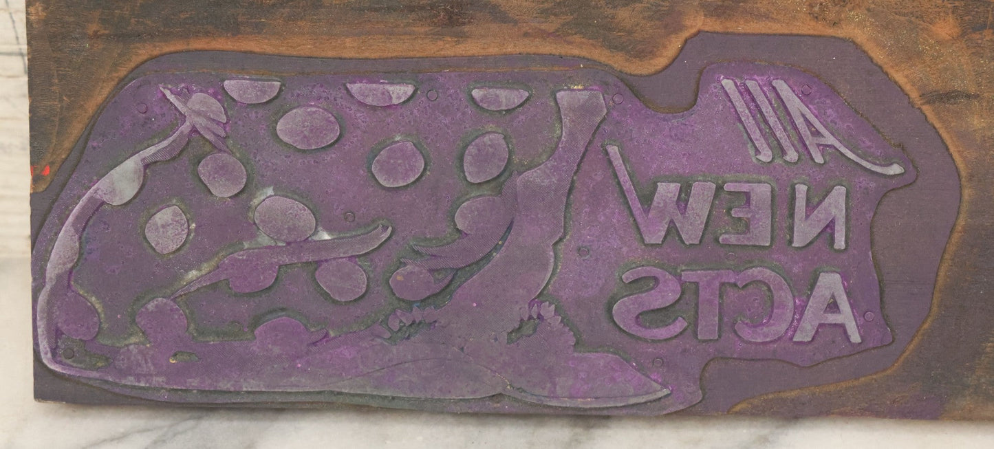 Lot 047 - Vintage Circus Poster Print Block Stamp With Clown "All New Acts", With Sawtooth Hanger, 9" x 8-1/2"