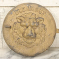 Lot 048 - Antique Cast Iron Stove Cleanout Door With Three Dimensional Lion Face, Gold Paint, 10" Diameter