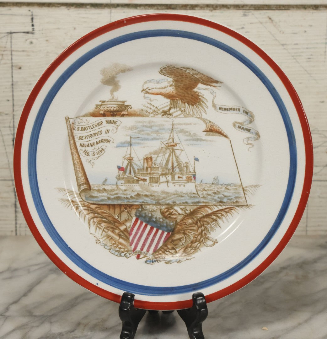 Lot 050 - Antique Transferware Porcelain Plate Commemorating The Us Battleship Maine, Destroyed In Havana Harbor, Cuba, 1898, "Remember The Maine", Hallmarked On Verso, 8-1/2" Diameter