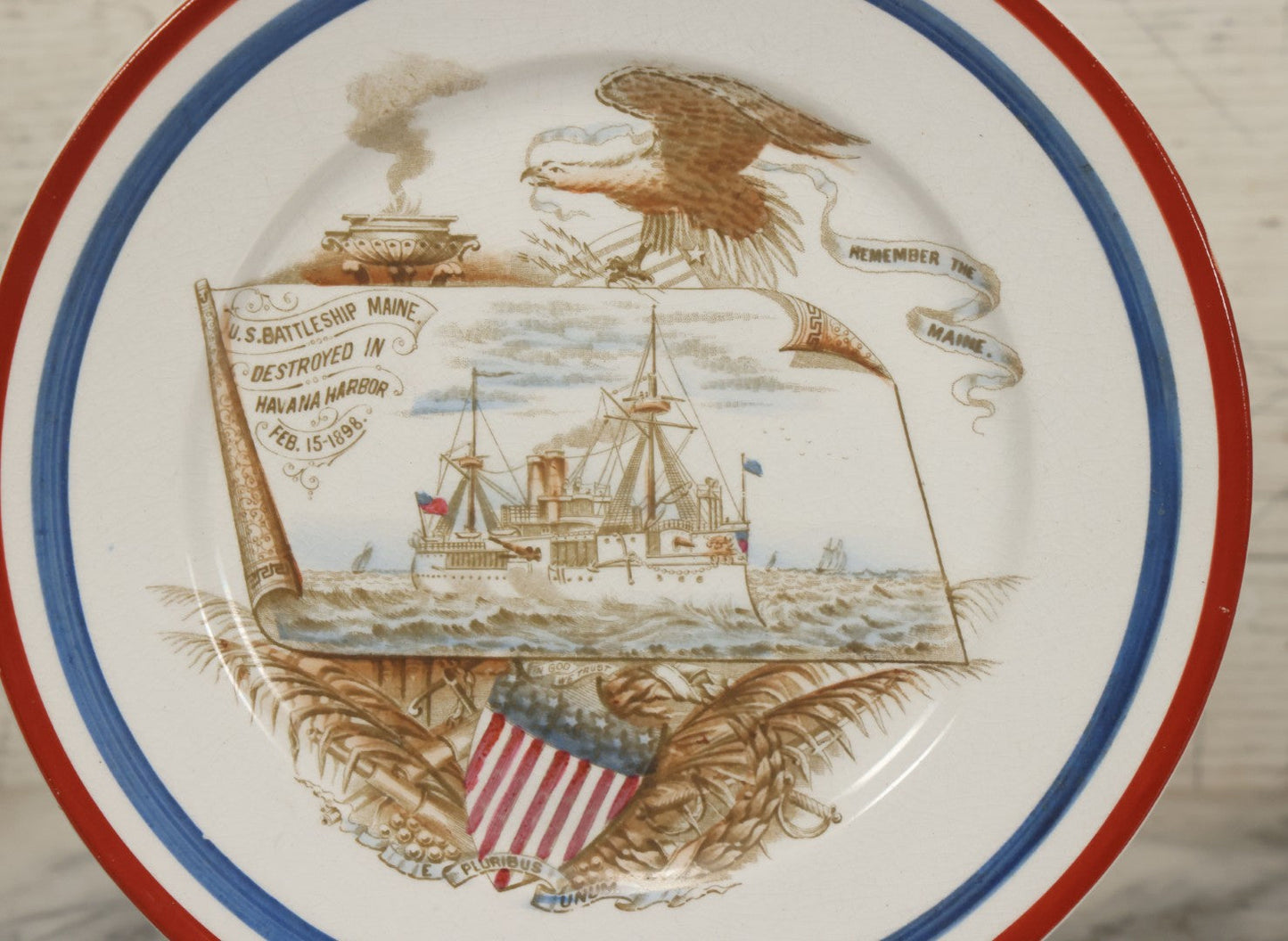 Lot 050 - Antique Transferware Porcelain Plate Commemorating The Us Battleship Maine, Destroyed In Havana Harbor, Cuba, 1898, "Remember The Maine", Hallmarked On Verso, 8-1/2" Diameter