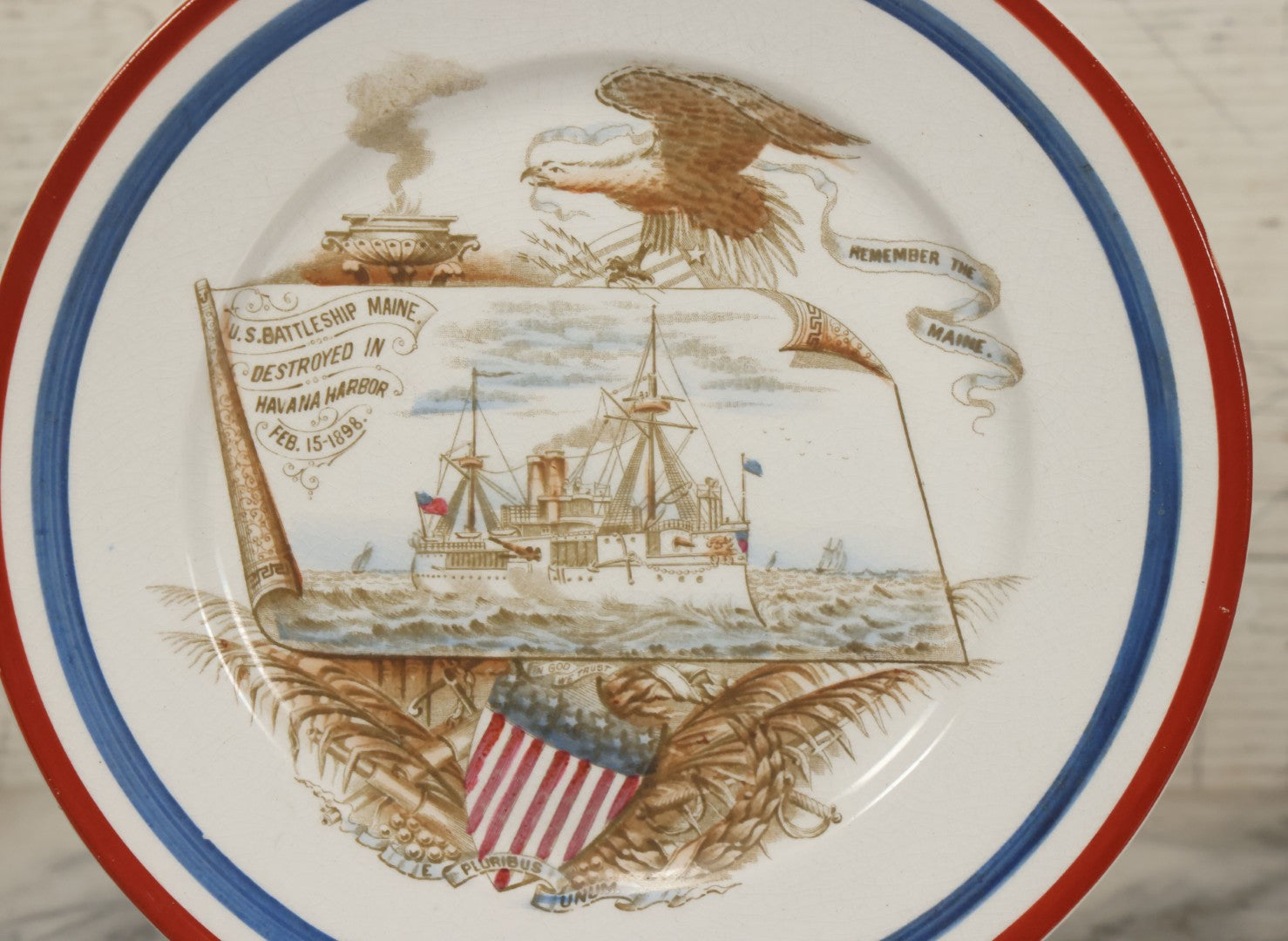 Lot 050 - Antique Transferware Porcelain Plate Commemorating The Us Battleship Maine, Destroyed In Havana Harbor, Cuba, 1898, "Remember The Maine", Hallmarked On Verso, 8-1/2" Diameter