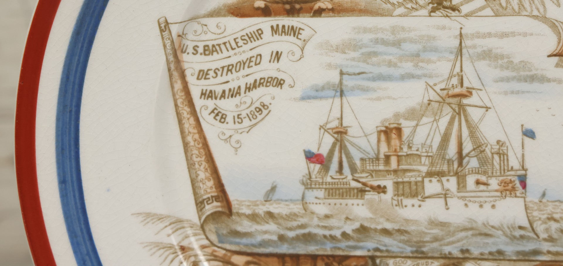 Lot 050 - Antique Transferware Porcelain Plate Commemorating The Us Battleship Maine, Destroyed In Havana Harbor, Cuba, 1898, "Remember The Maine", Hallmarked On Verso, 8-1/2" Diameter