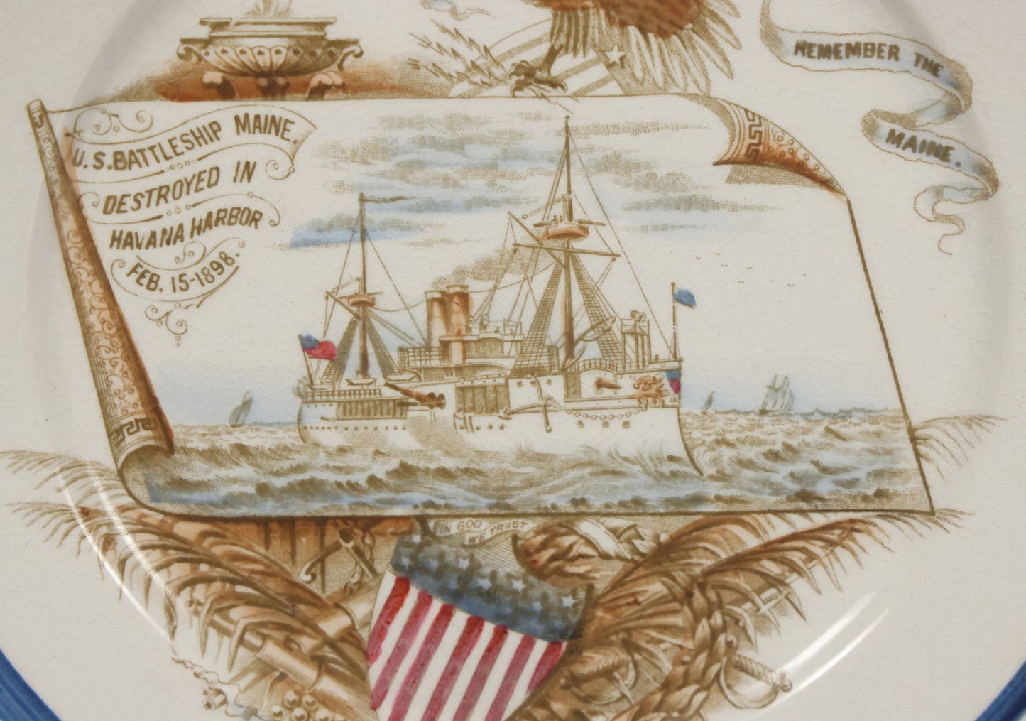 Lot 050 - Antique Transferware Porcelain Plate Commemorating The Us Battleship Maine, Destroyed In Havana Harbor, Cuba, 1898, "Remember The Maine", Hallmarked On Verso, 8-1/2" Diameter