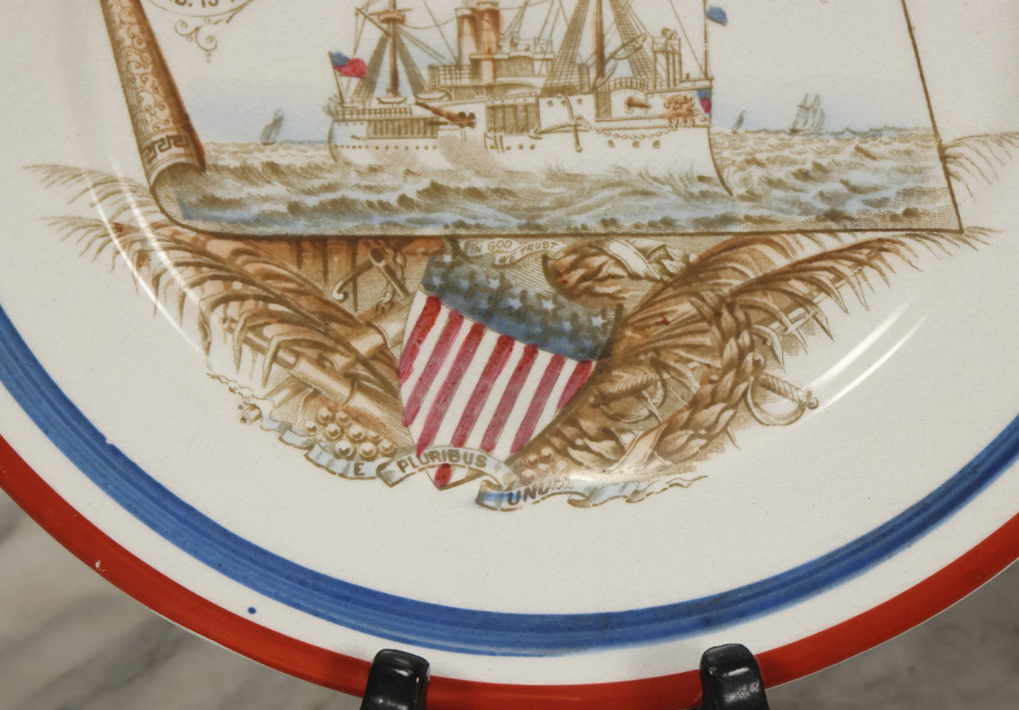 Lot 050 - Antique Transferware Porcelain Plate Commemorating The Us Battleship Maine, Destroyed In Havana Harbor, Cuba, 1898, "Remember The Maine", Hallmarked On Verso, 8-1/2" Diameter
