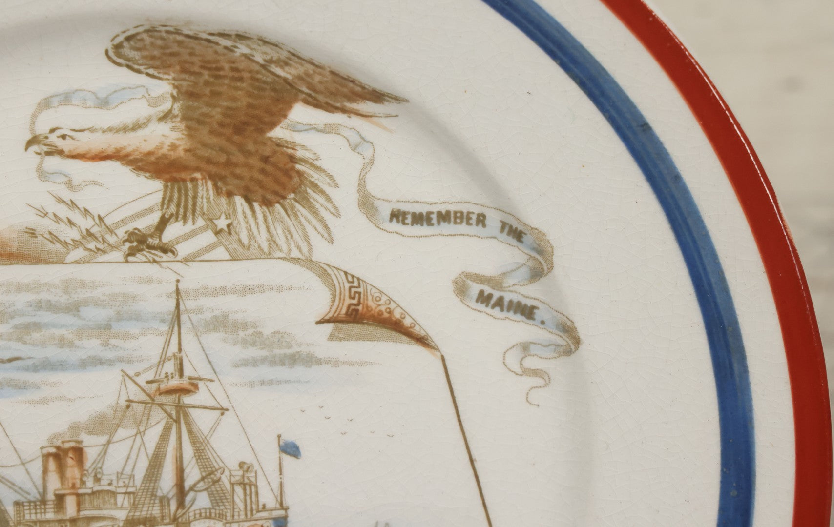 Lot 050 - Antique Transferware Porcelain Plate Commemorating The Us Battleship Maine, Destroyed In Havana Harbor, Cuba, 1898, "Remember The Maine", Hallmarked On Verso, 8-1/2" Diameter