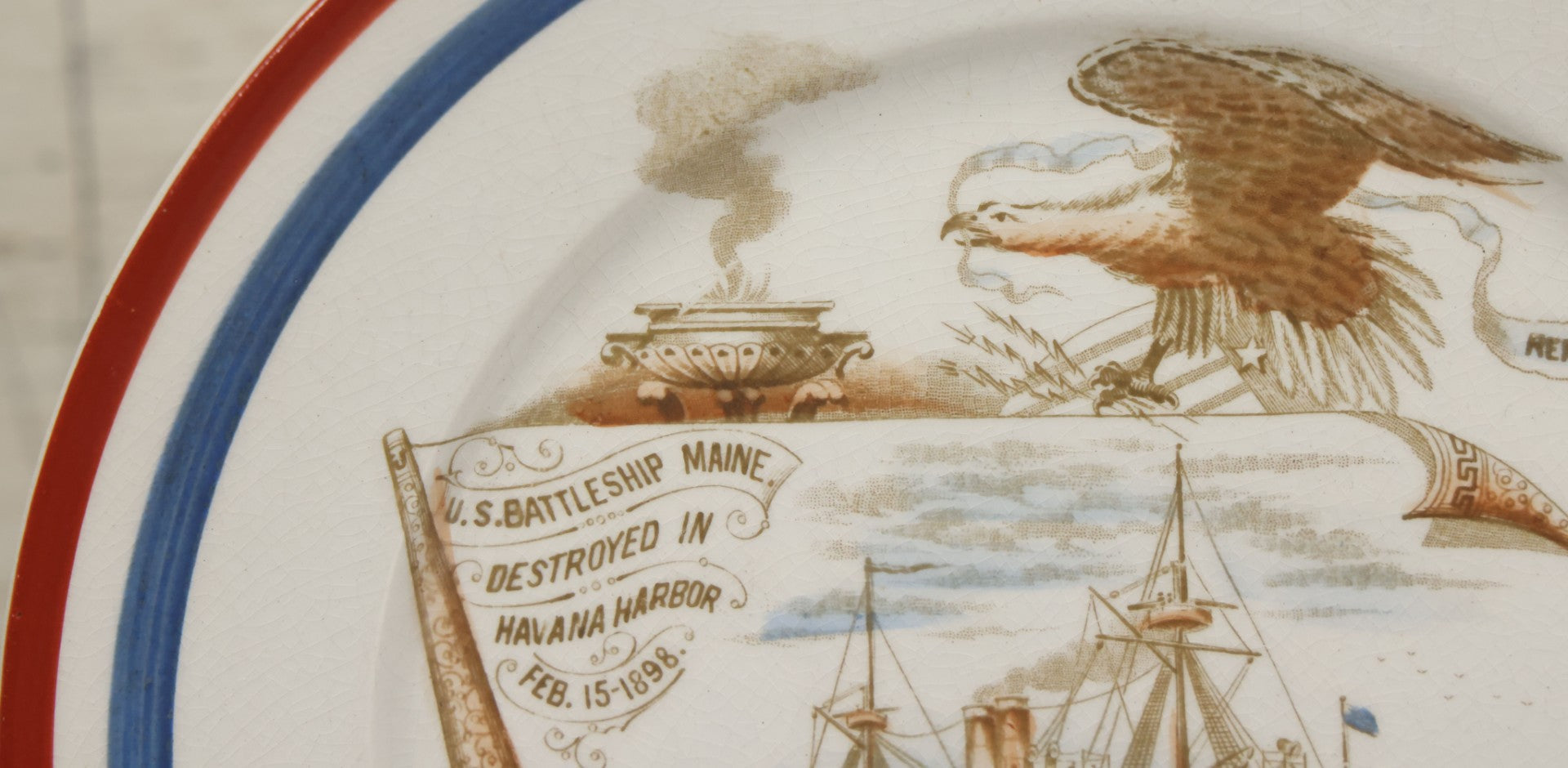 Lot 050 - Antique Transferware Porcelain Plate Commemorating The Us Battleship Maine, Destroyed In Havana Harbor, Cuba, 1898, "Remember The Maine", Hallmarked On Verso, 8-1/2" Diameter