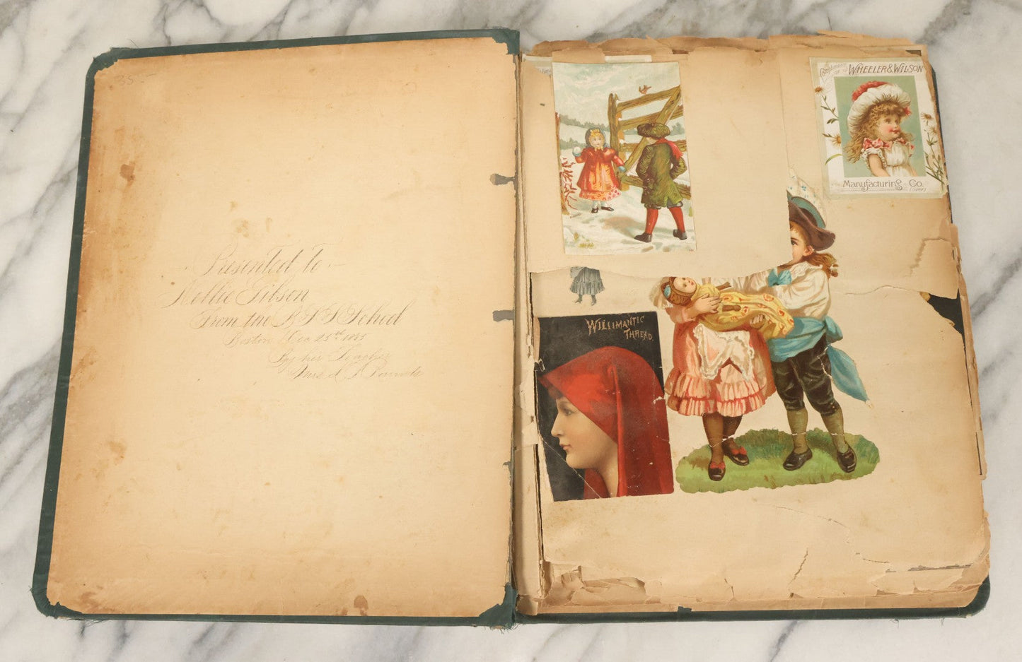 Lot 052 - Antique Victorian Trade Card And Die Cut Scrapbook Album, Presented To Nellie Gibson By Her Teacher, Boston, Christmas 1885, With 95+ Pieces (All Pages Pictured)