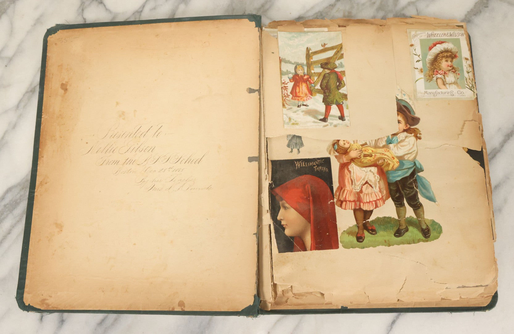 Lot 052 - Antique Victorian Trade Card And Die Cut Scrapbook Album, Presented To Nellie Gibson By Her Teacher, Boston, Christmas 1885, With 95+ Pieces (All Pages Pictured)