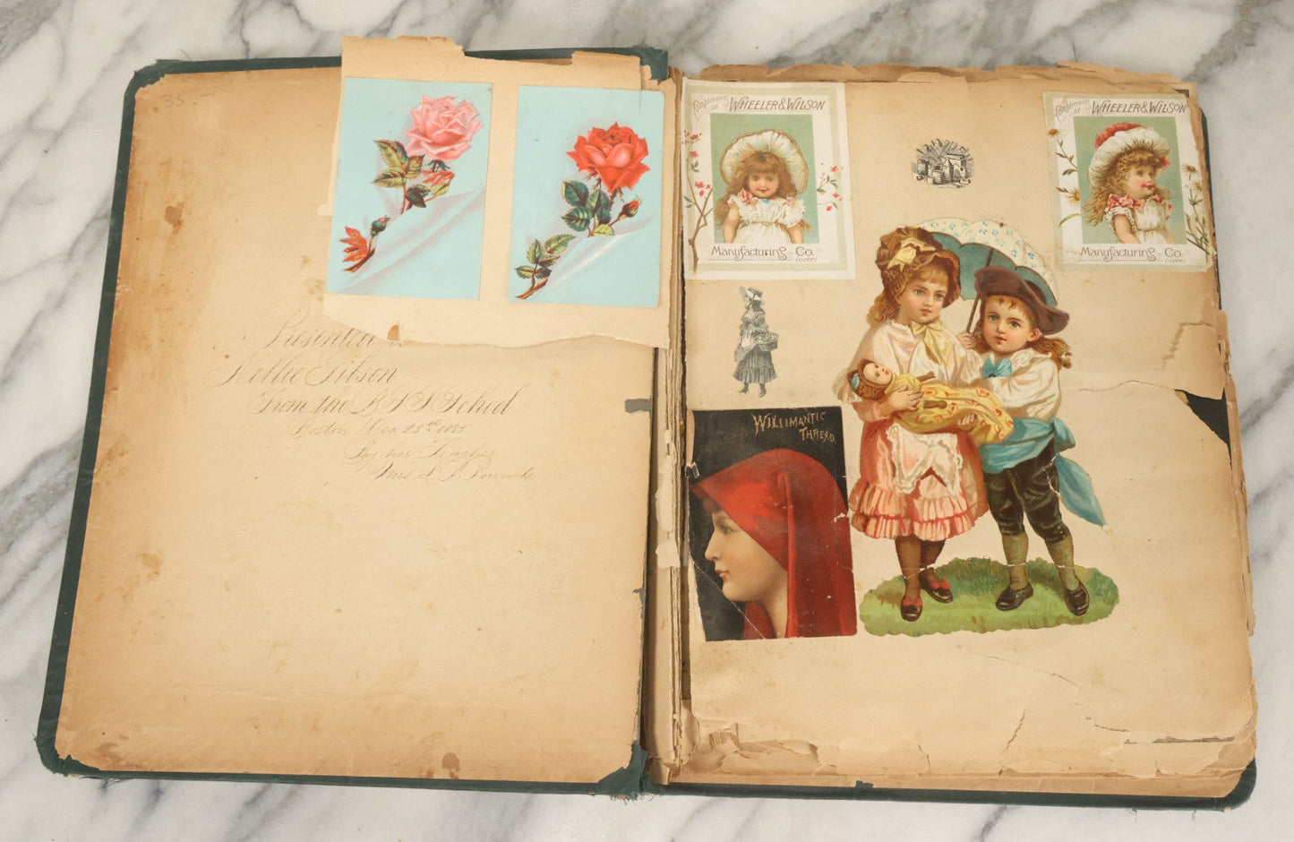 Lot 052 - Antique Victorian Trade Card And Die Cut Scrapbook Album, Presented To Nellie Gibson By Her Teacher, Boston, Christmas 1885, With 95+ Pieces (All Pages Pictured)