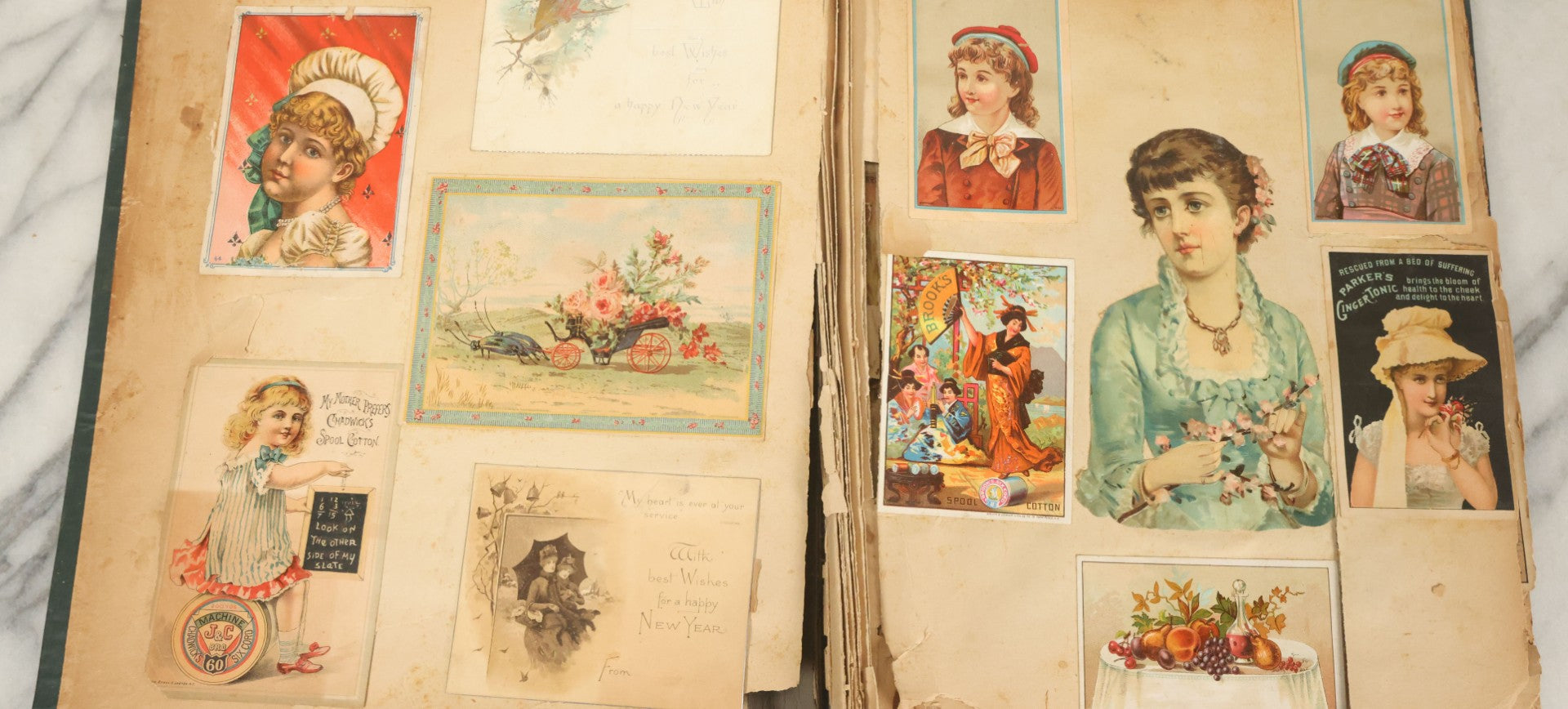 Lot 052 - Antique Victorian Trade Card And Die Cut Scrapbook Album, Presented To Nellie Gibson By Her Teacher, Boston, Christmas 1885, With 95+ Pieces (All Pages Pictured)