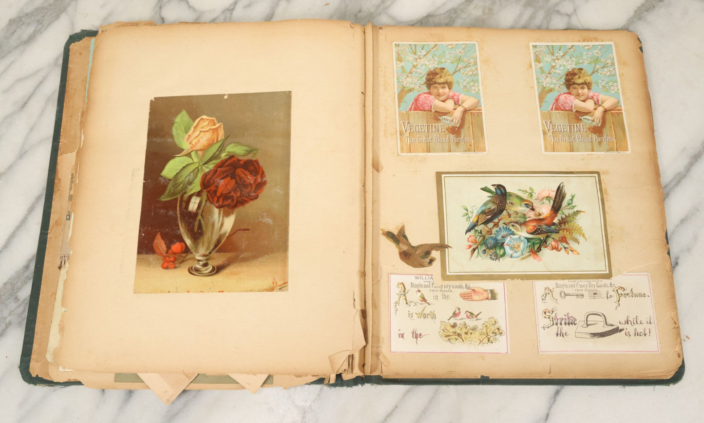 Lot 052 - Antique Victorian Trade Card And Die Cut Scrapbook Album, Presented To Nellie Gibson By Her Teacher, Boston, Christmas 1885, With 95+ Pieces (All Pages Pictured)