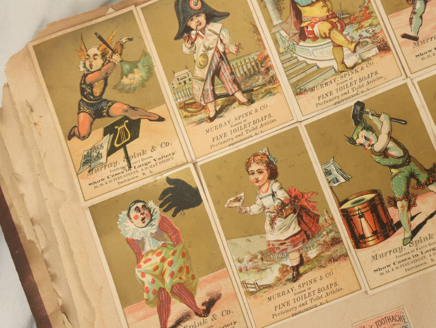 Lot 053 - Antique Victorian Trade Card And Die Cut Scrapbook Album, Note Both Covers Detached, With 125+ Pieces, Many With Cats, Dogs, Frogs, And Clowns, General Grant Litho (All Pages Pictured)