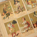 Lot 053 - Antique Victorian Trade Card And Die Cut Scrapbook Album, Note Both Covers Detached, With 125+ Pieces, Many With Cats, Dogs, Frogs, And Clowns, General Grant Litho (All Pages Pictured)