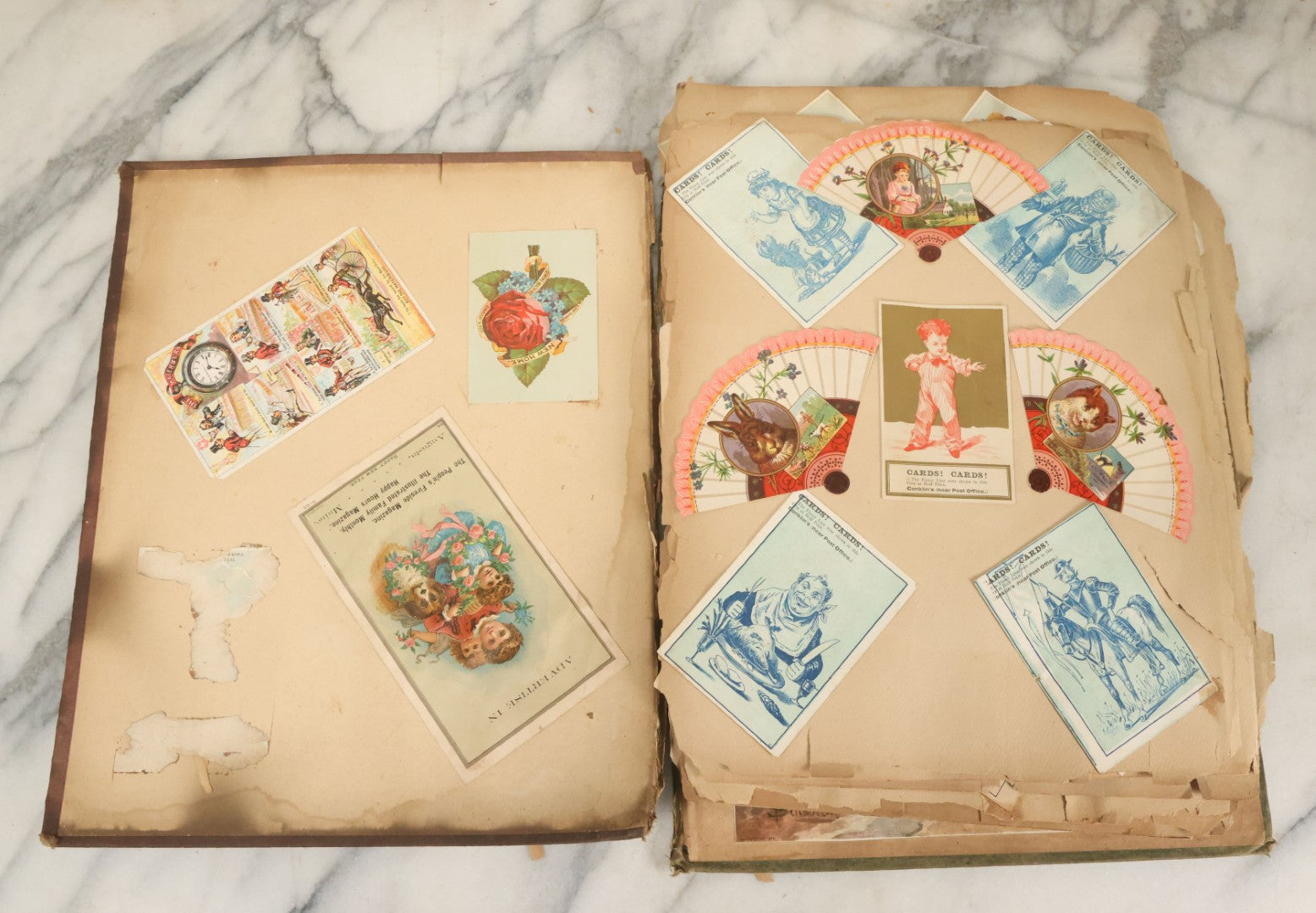 Lot 053 - Antique Victorian Trade Card And Die Cut Scrapbook Album, Note Both Covers Detached, With 125+ Pieces, Many With Cats, Dogs, Frogs, And Clowns, General Grant Litho (All Pages Pictured)