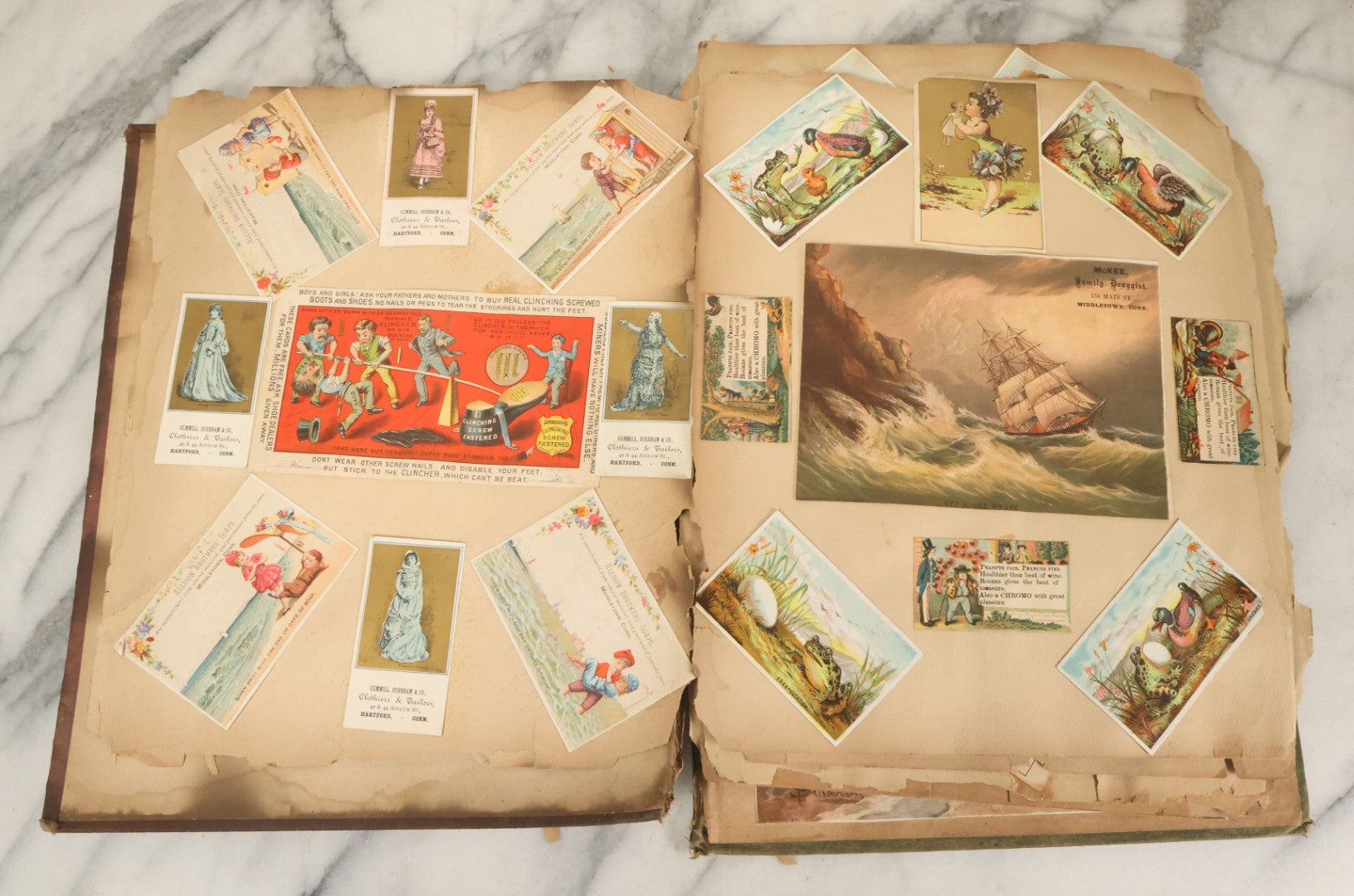 Lot 053 - Antique Victorian Trade Card And Die Cut Scrapbook Album, Note Both Covers Detached, With 125+ Pieces, Many With Cats, Dogs, Frogs, And Clowns, General Grant Litho (All Pages Pictured)