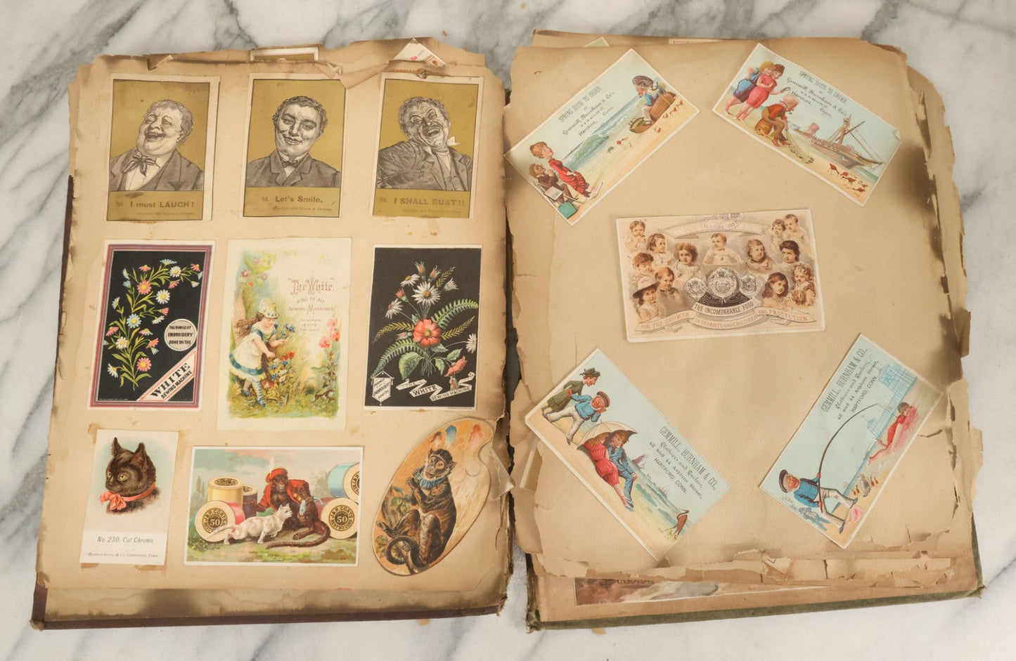 Lot 053 - Antique Victorian Trade Card And Die Cut Scrapbook Album, Note Both Covers Detached, With 125+ Pieces, Many With Cats, Dogs, Frogs, And Clowns, General Grant Litho (All Pages Pictured)