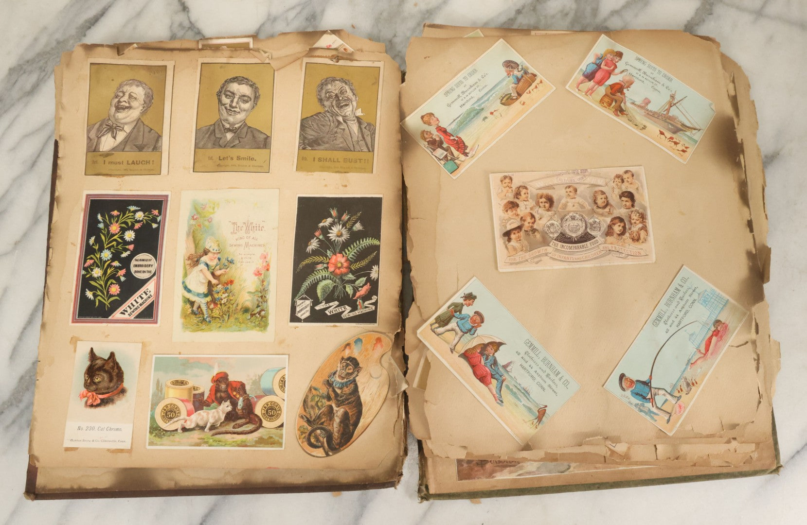 Lot 053 - Antique Victorian Trade Card And Die Cut Scrapbook Album, Note Both Covers Detached, With 125+ Pieces, Many With Cats, Dogs, Frogs, And Clowns, General Grant Litho (All Pages Pictured)
