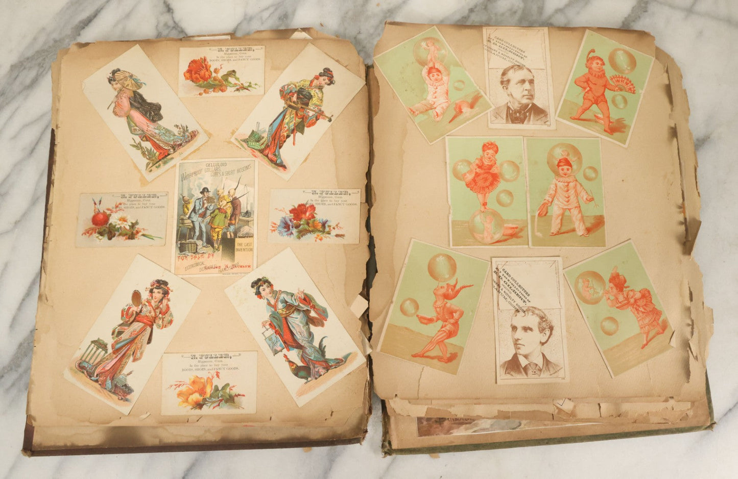 Lot 053 - Antique Victorian Trade Card And Die Cut Scrapbook Album, Note Both Covers Detached, With 125+ Pieces, Many With Cats, Dogs, Frogs, And Clowns, General Grant Litho (All Pages Pictured)